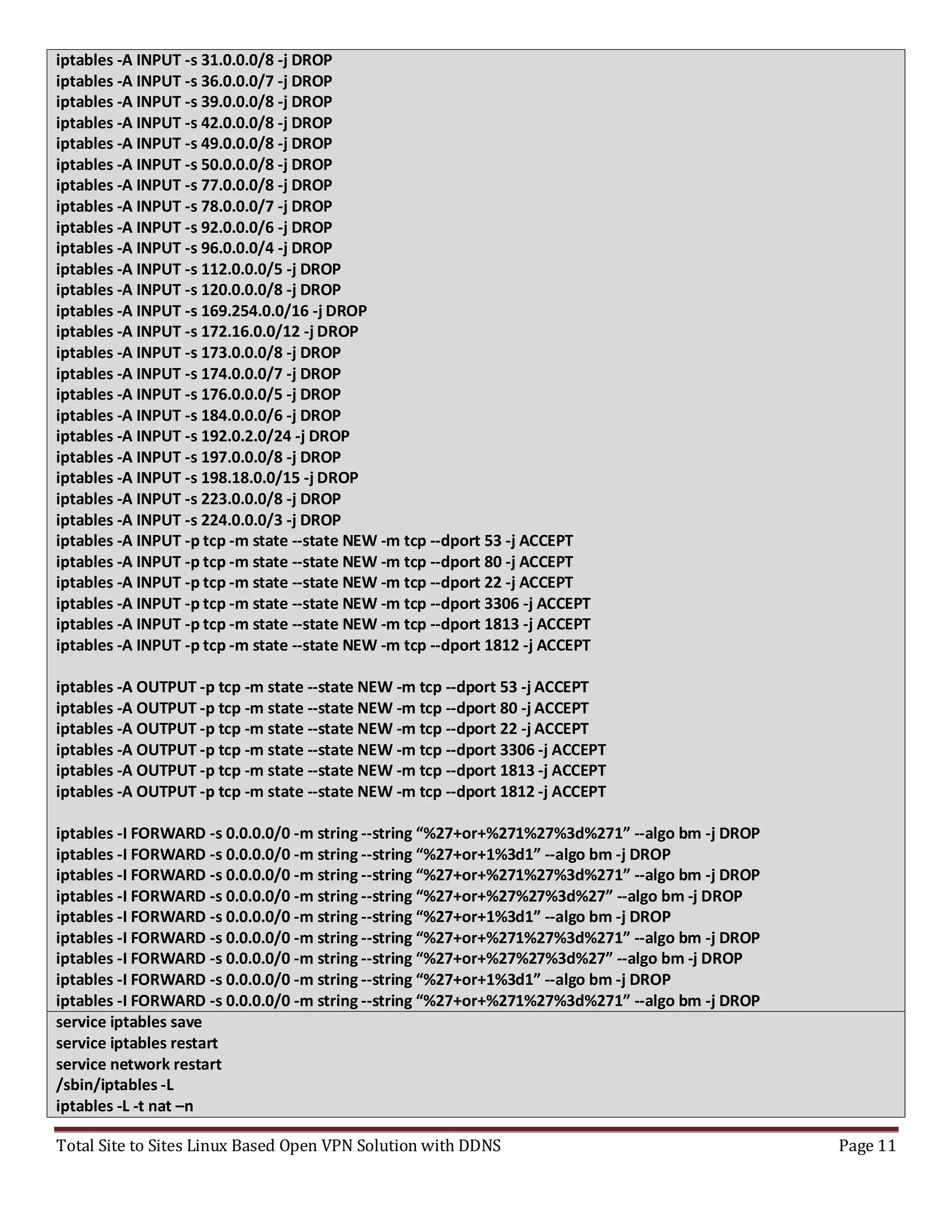 Total Site to Sites Linux Based Open VPN Solution with DDNS Page 11
iptables -A INPUT -s 31.0.0.0/8 -j DROP
iptables -A INPUT -s 36.0.0.0/7 -j DROP
iptables -A INPUT -s 39.0.0.0/8 -j DROP
iptables -A INPUT -s 42.0.0.0/8 -j DROP
iptables -A INPUT -s 49.0.0.0/8 -j DROP
iptables -A INPUT -s 50.0.0.0/8 -j DROP
iptables -A INPUT -s 77.0.0.0/8 -j DROP
iptables -A INPUT -s 78.0.0.0/7 -j DROP
iptables -A INPUT -s 92.0.0.0/6 -j DROP
iptables -A INPUT -s 96.0.0.0/4 -j DROP
iptables -A INPUT -s 112.0.0.0/5 -j DROP
iptables -A INPUT -s 120.0.0.0/8 -j DROP
iptables -A INPUT -s 169.254.0.0/16 -j DROP
iptables -A INPUT -s 172.16.0.0/12 -j DROP
iptables -A INPUT -s 173.0.0.0/8 -j DROP
iptables -A INPUT -s 174.0.0.0/7 -j DROP
iptables -A INPUT -s 176.0.0.0/5 -j DROP
iptables -A INPUT -s 184.0.0.0/6 -j DROP
iptables -A INPUT -s 192.0.2.0/24 -j DROP
iptables -A INPUT -s 197.0.0.0/8 -j DROP
iptables -A INPUT -s 198.18.0.0/15 -j DROP
iptables -A INPUT -s 223.0.0.0/8 -j DROP
iptables -A INPUT -s 224.0.0.0/3 -j DROP
iptables -A INPUT -p tcp -m state --state NEW -m tcp --dport 53 -j ACCEPT
iptables -A INPUT -p tcp -m state --state NEW -m tcp --dport 80 -j ACCEPT
iptables -A INPUT -p tcp -m state --state NEW -m tcp --dport 22 -j ACCEPT
iptables -A INPUT -p tcp -m state --state NEW -m tcp --dport 3306 -j ACCEPT
iptables -A INPUT -p tcp -m state --state NEW -m tcp --dport 1813 -j ACCEPT
iptables -A INPUT -p tcp -m state --state NEW -m tcp --dport 1812 -j ACCEPT
iptables -A OUTPUT -p tcp -m state --state NEW -m tcp --dport 53 -j ACCEPT
iptables -A OUTPUT -p tcp -m state --state NEW -m tcp --dport 80 -j ACCEPT
iptables -A OUTPUT -p tcp -m state --state NEW -m tcp --dport 22 -j ACCEPT
iptables -A OUTPUT -p tcp -m state --state NEW -m tcp --dport 3306 -j ACCEPT
iptables -A OUTPUT -p tcp -m state --state NEW -m tcp --dport 1813 -j ACCEPT
iptables -A OUTPUT -p tcp -m state --state NEW -m tcp --dport 1812 -j ACCEPT
iptables -I FORWARD -s 0.0.0.0/0 -m string --string “%27+or+%271%27%3d%271” --algo bm -j DROP
iptables -I FORWARD -s 0.0.0.0/0 -m string --string “%27+or+1%3d1” --algo bm -j DROP
iptables -I FORWARD -s 0.0.0.0/0 -m string --string “%27+or+%271%27%3d%271” --algo bm -j DROP
iptables -I FORWARD -s 0.0.0.0/0 -m string --string “%27+or+%27%27%3d%27” --algo bm -j DROP
iptables -I FORWARD -s 0.0.0.0/0 -m string --string “%27+or+1%3d1” --algo bm -j DROP
iptables -I FORWARD -s 0.0.0.0/0 -m string --string “%27+or+%271%27%3d%271” --algo bm -j DROP
iptables -I FORWARD -s 0.0.0.0/0 -m string --string “%27+or+%27%27%3d%27” --algo bm -j DROP
iptables -I FORWARD -s 0.0.0.0/0 -m string --string “%27+or+1%3d1” --algo bm -j DROP
iptables -I FORWARD -s 0.0.0.0/0 -m string --string “%27+or+%271%27%3d%271” --algo bm -j DROP
service iptables save
service iptables restart
service network restart
/sbin/iptables -L
iptables -L -t nat –n
 