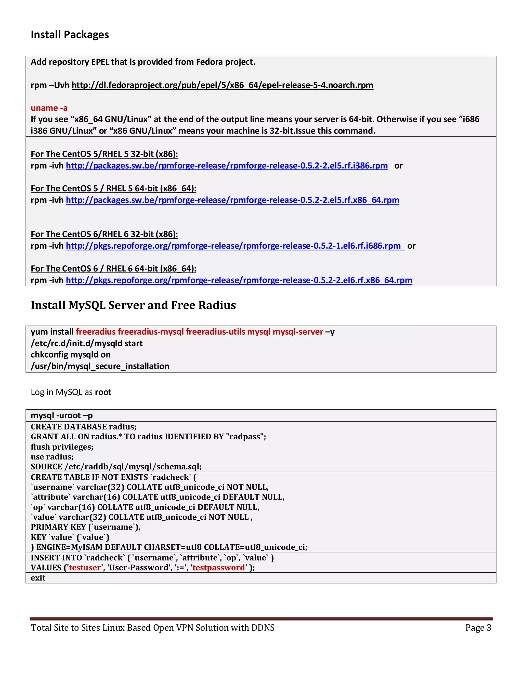 Total Site to Sites Linux Based Open VPN Solution with DDNS Page 3
Install Packages
Add repository EPEL that is provided from Fedora project.
rpm –Uvh http://dl.fedoraproject.org/pub/epel/5/x86_64/epel-release-5-4.noarch.rpm
uname -a
If you see “x86_64 GNU/Linux” at the end of the output line means your server is 64-bit. Otherwise if you see “i686
i386 GNU/Linux” or “x86 GNU/Linux” means your machine is 32-bit.Issue this command.
For The CentOS 5/RHEL 5 32-bit (x86):
rpm -ivh http://packages.sw.be/rpmforge-release/rpmforge-release-0.5.2-2.el5.rf.i386.rpm or
For The CentOS 5 / RHEL 5 64-bit (x86_64):
rpm -ivh http://packages.sw.be/rpmforge-release/rpmforge-release-0.5.2-2.el5.rf.x86_64.rpm
For The CentOS 6/RHEL 6 32-bit (x86):
rpm -ivh http://pkgs.repoforge.org/rpmforge-release/rpmforge-release-0.5.2-1.el6.rf.i686.rpm or
For The CentOS 6 / RHEL 6 64-bit (x86_64):
rpm -ivh http://pkgs.repoforge.org/rpmforge-release/rpmforge-release-0.5.2-2.el6.rf.x86_64.rpm
Install MySQL Server and Free Radius
yum install freeradius freeradius-mysql freeradius-utils mysql mysql-server –y
/etc/rc.d/init.d/mysqld start
chkconfig mysqld on
/usr/bin/mysql_secure_installation
Log in MySQL as root
mysql -uroot –p
CREATE DATABASE radius;
GRANT ALL ON radius.* TO radius IDENTIFIED BY "radpass";
flush privileges;
use radius;
SOURCE /etc/raddb/sql/mysql/schema.sql;
CREATE TABLE IF NOT EXISTS `radcheck` (
`username` varchar(32) COLLATE utf8_unicode_ci NOT NULL,
`attribute` varchar(16) COLLATE utf8_unicode_ci DEFAULT NULL,
`op` varchar(16) COLLATE utf8_unicode_ci DEFAULT NULL,
`value` varchar(32) COLLATE utf8_unicode_ci NOT NULL ,
PRIMARY KEY (`username`),
KEY `value` (`value`)
) ENGINE=MyISAM DEFAULT CHARSET=utf8 COLLATE=utf8_unicode_ci;
INSERT INTO `radcheck` ( `username`, `attribute`, `op`, `value` )
VALUES ('testuser', 'User-Password', ':=', 'testpassword' );
exit
 