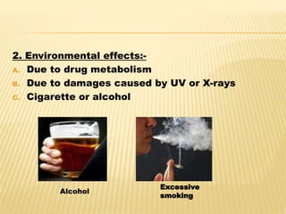 2. Environmental effects:-
A. Due to drug metabolism
B. Due to damages caused by UV or X-rays
C. Cigarette or alcohol
Excessive
smoking
Alcohol
 