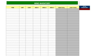 WINE INVENTORY
                                                                            TOTAL
ITEM   UNIT   COST   AREA 1   AREA 2   AREA 3   ITEM TOTAL   COST TOTAL   INVENTORY
 