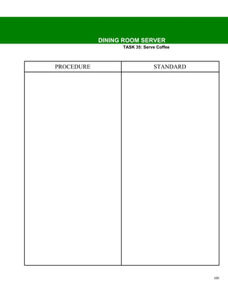 DINING ROOM SERVER
                  TASK 35: Serve Coffee



PROCEDURE                      STANDARD




                                          100
 