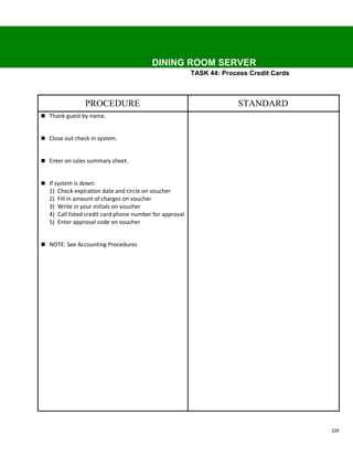 DINING ROOM SERVER
                                                            TASK 44: Process Credit Cards



                  PROCEDURE                                              STANDARD
 Thank guest by name.


 Close out check in system.


 Enter on sales summary sheet.


 If system is down:
   1)   Check expiration date and circle on voucher
   2)   Fill in amount of charges on voucher
   3)   Write in your initials on voucher
   4)   Call listed credit card phone number for approval
   5)   Enter approval code on voucher


 NOTE: See Accounting Procedures




                                                                                            109
 