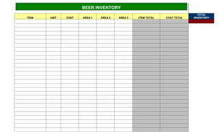 BEER INVENTORY
                                                                            TOTAL
ITEM   UNIT   COST   AREA 1   AREA 2   AREA 3   ITEM TOTAL   COST TOTAL   INVENTORY
 