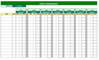 PREP WORKSHEET
WEEK OF:       1-Jan-10

                      1-Jan                2-Jan           3-Jan         4-Jan         5-Jan         6-Jan         7-Jan
                  MONDAY               TUESDAY           WEDNESDAY     THURSDAY       FRIDAY       SATURDAY       SUNDAY
ITEM       UNIT PAR   OH      PREP   PAR     OH PREP    PAR OH PREP   PAR OH PREP   PAR OH PREP   PAR OH PREP   PAR OH PREP
 
