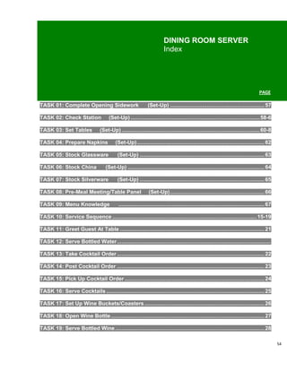 DINING ROOM SERVER
                                                                          Index




                                                                                                                                        PAGE

TASK 01: Complete Opening Sidework                             (Set-Up) .............................................................. 57

TASK 02: Check Station                 (Set-Up) ..................................................................................... 58-6

TASK 03: Set Tables               (Set-Up) ........................................................................................... 60-8

TASK 04: Prepare Napkins                   (Set-Up) .................................................................................... 62

TASK 05: Stock Glassware                    (Set-Up) .................................................................................. 63

TASK 06: Stock China                 (Set-Up) .......................................................................................... 64

TASK 07: Stock Silverware                   (Set-Up) .................................................................................. 65

TASK 08: Pre-Meal Meeting/Table Panel                           (Set-Up) .............................................................. 66

TASK 09: Menu Knowledge                      ................................................................................................ 67

TASK 10: Service Sequence ............................................................................................... 15-19

TASK 11: Greet Guest At Table ............................................................................................... 21

TASK 12: Serve Bottled Water .....................................................................................................

TASK 13: Take Cocktail Order ................................................................................................. 22

TASK 14: Post Cocktail Order ................................................................................................. 23

TASK 15: Pick Up Cocktail Order ............................................................................................ 24

TASK 16: Serve Cocktails ........................................................................................................ 25

TASK 17: Set Up Wine Buckets/Coasters ............................................................................... 26

TASK 18: Open Wine Bottle ..................................................................................................... 27

TASK 19: Serve Bottled Wine .................................................................................................. 28

                                                                                                                                                   54
 