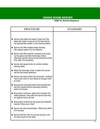 DINING ROOM SERVER
                                                     TASK 10: Service Sequence



               PROCEDURE                                          STANDARD


 Server will collect all napkin rings from the
  table (All napkin rings are to be returned to
  the appropriate drawer in the service station.

 Server will offer bottled water choices.
  (No regular water is to be offered)

 Server will offer specific cocktails and wines
  by the glass and take beverage orders,
  offerings specific name brand alcoholic drinks
  first, then non-alcoholic.

 Server will repeat order to confirm before
  leaving table.

 After the beverage order is taken the server
  will fire the bread selection.

 Server will input order into computer, verifying
  name and room #, and ability to charge meal
  to room.

 Bus-person will greet table with bread/butter
  service (explaining the specialty breads)
  within 3 minutes.

 Bus-person will pour water and maintain full
  water glasses. Only after the server has had
  an opportunity to up sell.

 Bus-person welcomes the guest and departs
  saying “Enjoy your meal”.

 Server will serve beverages. Returning within
  3-5 minutes.

 Server will then fire the amuse bouche, one
  for each guest at the table.

                                                                                 70
 