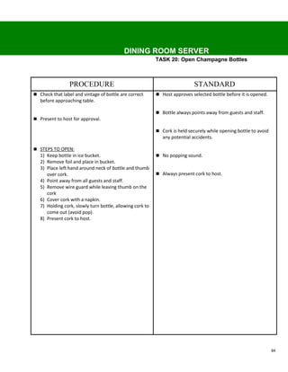 DINING ROOM SERVER
                                                           TASK 20: Open Champagne Bottles



                 PROCEDURE                                                   STANDARD
 Check that label and vintage of bottle are correct        Host approves selected bottle before it is opened.
   before approaching table.

                                                            Bottle always points away from guests and staff.
 Present to host for approval.

                                                            Cork is held securely while opening bottle to avoid
                                                              any potential accidents.

 STEPS TO OPEN:
   1) Keep bottle in ice bucket.                            No popping sound.
   2) Remove foil and place in bucket.
   3) Place left hand around neck of bottle and thumb
      over cork.                                            Always present cork to host.
   4) Point away from all guests and staff.
   5) Remove wire guard while leaving thumb on the
      cork
   6) Cover cork with a napkin.
   7) Holding cork, slowly turn bottle, allowing cork to
      come out (avoid pop).
   8) Present cork to host.




                                                                                                                   84
 