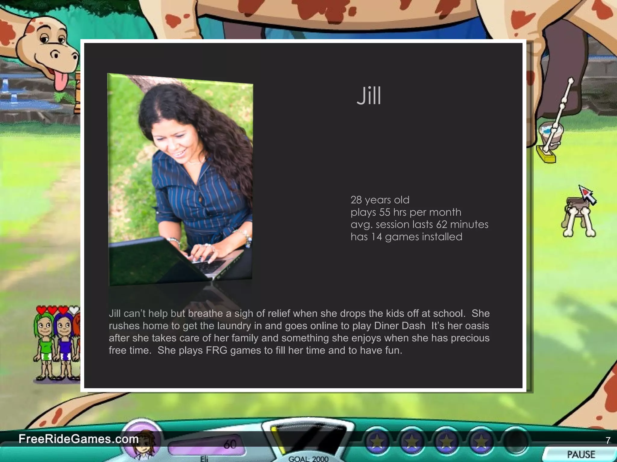 Jill Jill can’t help but breathe a sigh of relief when she drops the kids off at school.  She rushes home to get the laundry in and goes online to play Diner Dash  It’s her oasis after she takes care of her family and something she enjoys when she has precious free time.  She plays FRG games to fill her time and to have fun. 28 years old plays 55 hrs per month  avg. session lasts 62 minutes has 14 games installed 