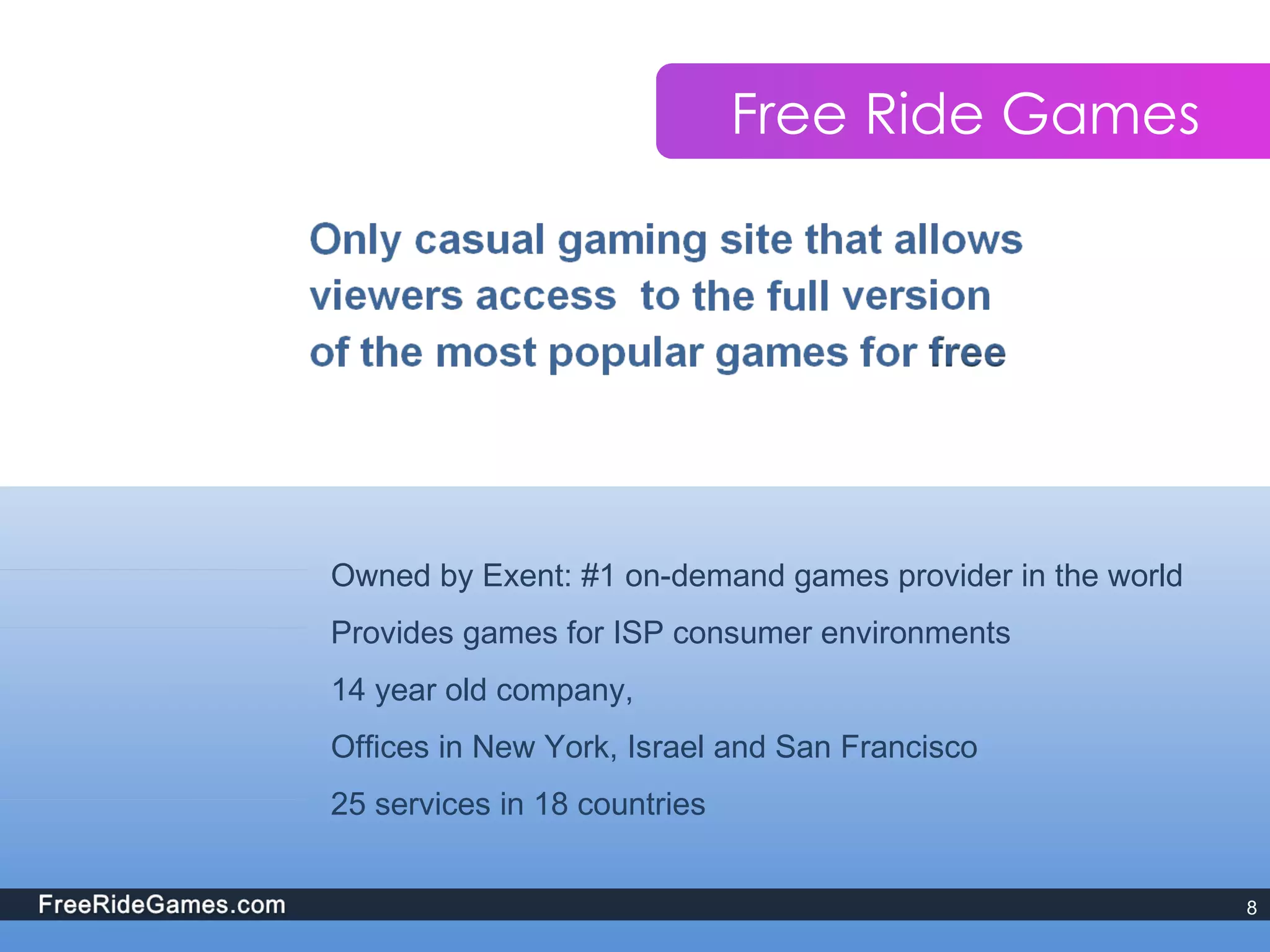 Owned by Exent: #1 on-demand games provider in the world Provides games for ISP consumer environments 14 year old company,  Offices in New York, Israel and San Francisco 25 services in 18 countries Free Ride Games 