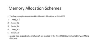Memory Allocation Schemes
• The five examples are defined for Memory Allocation in FreeRTOS
1. heap_1.c
2. heap_2.c
3. heap_3.c
4. heap_4.c
5. heap_5.c
• source files respectively, all of which are located in the FreeRTOS/Source/portable/MemMang
directory.
 