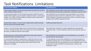 Communication Objects Task Notifications
Communication objects can be used to send events and data from an ISR to
a task, and from a task to an ISR.
Task notifications can be used to send events and data from an ISR to a
task, but they cannot be used to send events or data from a task to an ISR
A communication object can be accessed by any task or ISR that knows its
handle (which might be a queue handle, semaphore handle, or event group
handle). Any number of tasks and ISRs can process events or data sent to
any given communication object.
Task notifications are sent directly to the receiving task, so can only be
processed by the task to which the notification is sent. However, this is
rarely a limitation in practical cases because, while it is common to have
multiple tasks and ISRs sending to the same
communication object, it is rare to have multiple tasks and ISRs receiving
from the same communication object.
Buffering multiple data items
A queue is a communication object that can hold more than one data item
at a time. Data that has been sent to the queue, but not yet received from
the queue, is buffered inside the queue object
Task notifications send data to a task by updating the receiving task’s
notification value. A task’s notification value can only hold one value at a
time
An event group is a communication object that can be used to send an
event to more than one task at a time
Task notifications are sent directly to the receiving task, so can only be
processed by the receiving task
If a communication object is temporarily in a state that means no more
data or events can be written to it then tasks attempting to write to the
object can optionally enter the Blocked state to wait for their write
operation to complete.
If a task attempts to send a task notification to a task that already has a
notification pending, then it is not possible for the sending task to wait in
the Blocked state for the receiving task to reset its notification state. As will
be seen, this is rarely a limitation in practical cases in which a task
notification is used.
Task Notifications Limitations
 