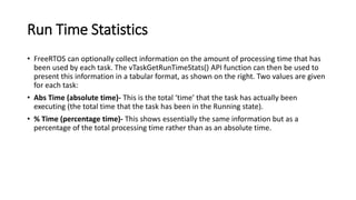 Run Time Statistics
• FreeRTOS can optionally collect information on the amount of processing time that has
been used by each task. The vTaskGetRunTimeStats() API function can then be used to
present this information in a tabular format, as shown on the right. Two values are given
for each task:
• Abs Time (absolute time)- This is the total ‘time’ that the task has actually been
executing (the total time that the task has been in the Running state).
• % Time (percentage time)- This shows essentially the same information but as a
percentage of the total processing time rather than as an absolute time.
 