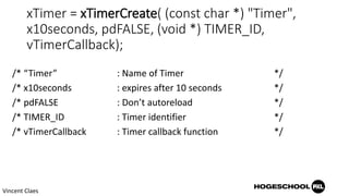 xTimer = xTimerCreate( (const char *) "Timer",
x10seconds, pdFALSE, (void *) TIMER_ID,
vTimerCallback);
/* “Timer” : Name of Timer */
/* x10seconds : expires after 10 seconds */
/* pdFALSE : Don’t autoreload */
/* TIMER_ID : Timer identifier */
/* vTimerCallback : Timer callback function */
Vincent Claes
 
