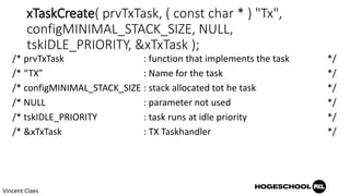 xTaskCreate( prvTxTask, ( const char * ) "Tx",
configMINIMAL_STACK_SIZE, NULL,
tskIDLE_PRIORITY, &xTxTask );
/* prvTxTask : function that implements the task */
/* “TX” : Name for the task */
/* configMINIMAL_STACK_SIZE : stack allocated tot he task */
/* NULL : parameter not used */
/* tskIDLE_PRIORITY : task runs at idle priority */
/* &xTxTask : TX Taskhandler */
Vincent Claes
 