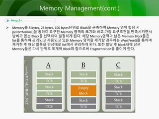  Memory를 5 bytes, 25 bytes, 100 bytes단위로 Block을 구축하여 Memory 영역 할당 시
pvPortMalloc()을 통하여 요구된 Memory 영역의 크기와 비교 가장 요구조건을 만족시키면서
낭비가 없는 Block을 선택하여 설정하게 된다. 해당 Memory영역과 남은 Memory Block들은
list를 통하여 관리되고 사용되고 있는 Memory 영역을 제거할 경우에는 vPortFree()를 통하여
제거한 후 해당 블록을 빈상태로 list에서 관리하게 된다. 또한 할당 후 Block내에 남은
Memory들은 다시 단위로 쪼개어 Block화 함으로써 Fragmentation을 줄이게 한다.
Heap_2.c
Memory Management(cont.)
 