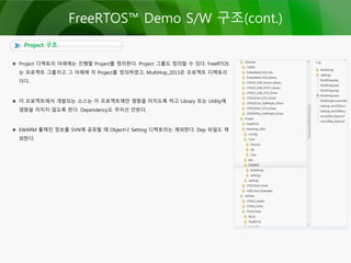 Project 구조
FreeRTOS™ Demo S/W 구조(cont.)
Project 디렉토리 아래에는 진행할 Project를 정의한다. Project 그룹도 정의할 수 있다. FreeRTOS
는 프로젝트 그룹이고 그 아래에 각 Project를 정의하였고, MultiHop_2013은 프로젝트 디렉토리
이다.
이 프로젝트에서 개발되는 소스는 이 프로젝트에만 영향을 미치도록 하고 Library 또는 Utility에
영향을 미치지 않도록 한다. Dependency도 주어선 안된다.
EWARM 툴체인 정보를 SVN에 공유할 때 Object나 Setting 디렉토리는 제외한다. Dep 파일도 제
외한다.
 