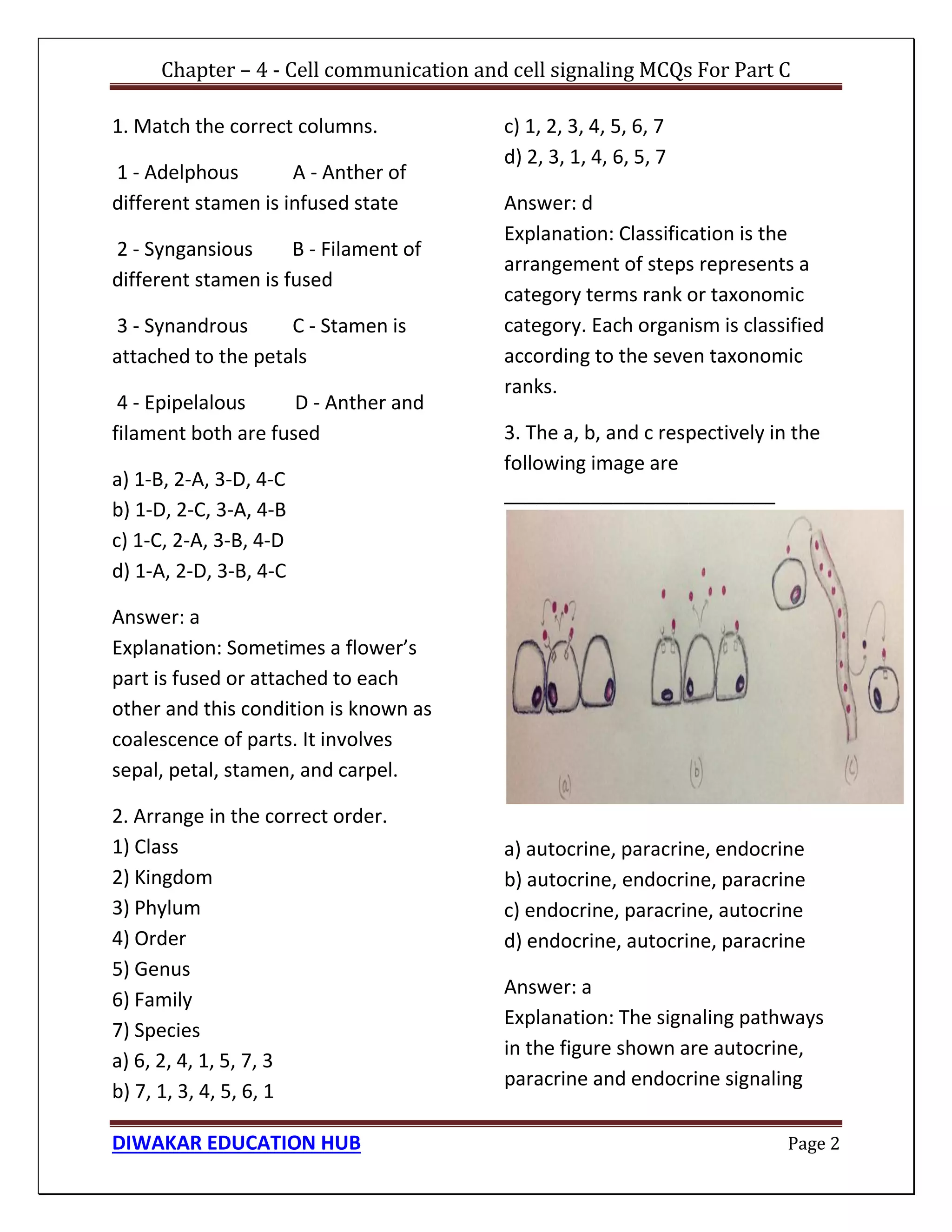 Chapter – 4 - Cell communication and cell signaling MCQs For Part C
DIWAKAR EDUCATION HUB Page 2
1. Match the correct columns.
1 - Adelphous A - Anther of
different stamen is infused state
2 - Syngansious B - Filament of
different stamen is fused
3 - Synandrous C - Stamen is
attached to the petals
4 - Epipelalous D - Anther and
filament both are fused
a) 1-B, 2-A, 3-D, 4-C
b) 1-D, 2-C, 3-A, 4-B
c) 1-C, 2-A, 3-B, 4-D
d) 1-A, 2-D, 3-B, 4-C
Answer: a
Explanation: Sometimes a flower’s
part is fused or attached to each
other and this condition is known as
coalescence of parts. It involves
sepal, petal, stamen, and carpel.
2. Arrange in the correct order.
1) Class
2) Kingdom
3) Phylum
4) Order
5) Genus
6) Family
7) Species
a) 6, 2, 4, 1, 5, 7, 3
b) 7, 1, 3, 4, 5, 6, 1
c) 1, 2, 3, 4, 5, 6, 7
d) 2, 3, 1, 4, 6, 5, 7
Answer: d
Explanation: Classification is the
arrangement of steps represents a
category terms rank or taxonomic
category. Each organism is classified
according to the seven taxonomic
ranks.
3. The a, b, and c respectively in the
following image are
_________________________
a) autocrine, paracrine, endocrine
b) autocrine, endocrine, paracrine
c) endocrine, paracrine, autocrine
d) endocrine, autocrine, paracrine
Answer: a
Explanation: The signaling pathways
in the figure shown are autocrine,
paracrine and endocrine signaling
 