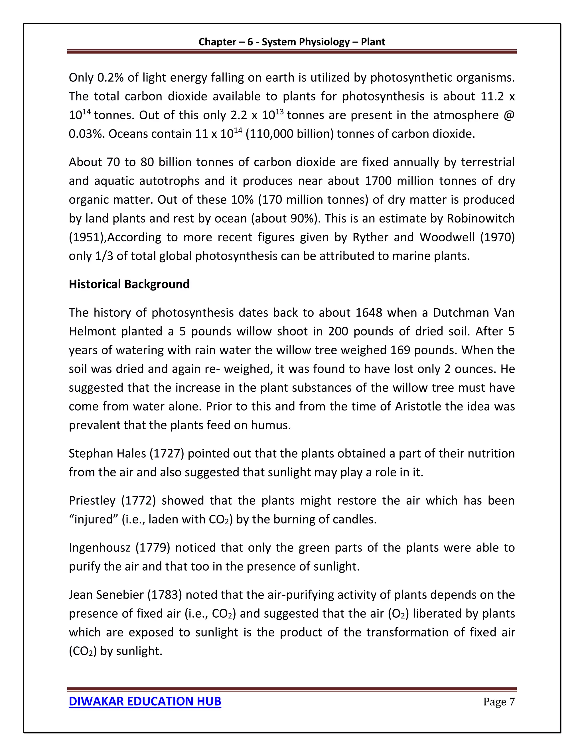 Chapter – 6 - System Physiology – Plant
DIWAKAR EDUCATION HUB Page 7
Only 0.2% of light energy falling on earth is utilized by photosynthetic organisms.
The total carbon dioxide available to plants for photosynthesis is about 11.2 x
1014
tonnes. Out of this only 2.2 x 1013
tonnes are present in the atmosphere @
0.03%. Oceans contain 11 x 1014
(110,000 billion) tonnes of carbon dioxide.
About 70 to 80 billion tonnes of carbon dioxide are fixed annually by terrestrial
and aquatic autotrophs and it produces near about 1700 million tonnes of dry
organic matter. Out of these 10% (170 million tonnes) of dry matter is produced
by land plants and rest by ocean (about 90%). This is an estimate by Robinowitch
(1951),According to more recent figures given by Ryther and Woodwell (1970)
only 1/3 of total global photosynthesis can be attributed to marine plants.
Historical Background
The history of photosynthesis dates back to about 1648 when a Dutchman Van
Helmont planted a 5 pounds willow shoot in 200 pounds of dried soil. After 5
years of watering with rain water the willow tree weighed 169 pounds. When the
soil was dried and again re- weighed, it was found to have lost only 2 ounces. He
suggested that the increase in the plant substances of the willow tree must have
come from water alone. Prior to this and from the time of Aristotle the idea was
prevalent that the plants feed on humus.
Stephan Hales (1727) pointed out that the plants obtained a part of their nutrition
from the air and also suggested that sunlight may play a role in it.
Priestley (1772) showed that the plants might restore the air which has been
“injured” (i.e., laden with CO2) by the burning of candles.
Ingenhousz (1779) noticed that only the green parts of the plants were able to
purify the air and that too in the presence of sunlight.
Jean Senebier (1783) noted that the air-purifying activity of plants depends on the
presence of fixed air (i.e., CO2) and suggested that the air (O2) liberated by plants
which are exposed to sunlight is the product of the transformation of fixed air
(CO2) by sunlight.
 
