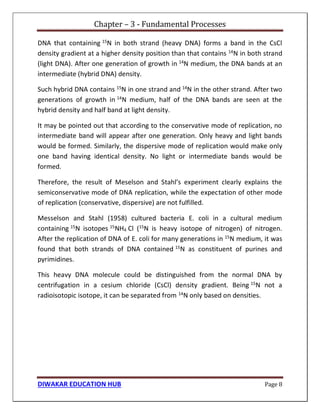 Chapter – 3 - Fundamental Processes
DIWAKAR EDUCATION HUB Page 8
DNA that containing 15
N in both strand (heavy DNA) forms a band in the CsCl
density gradient at a higher density position than that contains 14
N in both strand
(light DNA). After one generation of growth in 14
N medium, the DNA bands at an
intermediate (hybrid DNA) density.
Such hybrid DNA contains 15N in one strand and 14N in the other strand. After two
generations of growth in 14N medium, half of the DNA bands are seen at the
hybrid density and half band at light density.
It may be pointed out that according to the conservative mode of replication, no
intermediate band will appear after one generation. Only heavy and light bands
would be formed. Similarly, the dispersive mode of replication would make only
one band having identical density. No light or intermediate bands would be
formed.
Therefore, the result of Meselson and Stahl’s experiment clearly explains the
semiconservative mode of DNA replication, while the expectation of other mode
of replication (conservative, dispersive) are not fulfilled.
Messelson and Stahl (1958) cultured bacteria E. coli in a cultural medium
containing 15
N isotopes 15
NH4 Cl (15
N is heavy isotope of nitrogen) of nitrogen.
After the replication of DNA of E. coli for many generations in 15
N medium, it was
found that both strands of DNA contained 15
N as constituent of purines and
pyrimidines.
This heavy DNA molecule could be distinguished from the normal DNA by
centrifugation in a cesium chloride (CsCl) density gradient. Being 15N not a
radioisotopic isotope, it can be separated from 14
N only based on densities.
 