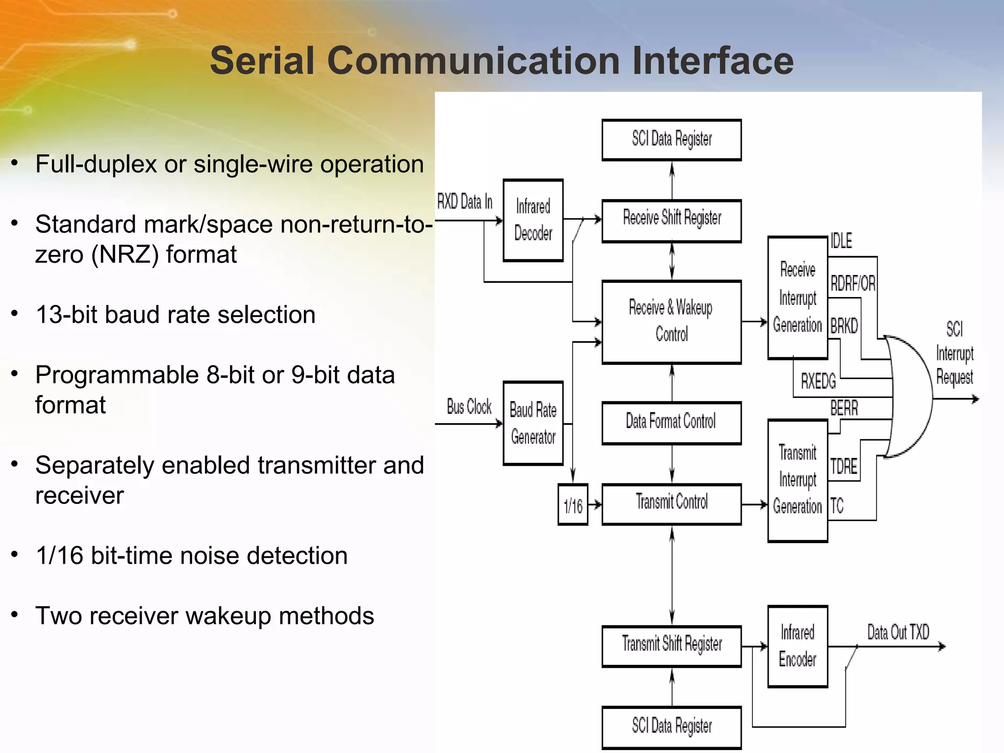 Serial Communication Interface Full-duplex or single-wire operation Standard mark/space non-return-to-zero (NRZ) format 13-bit baud rate selection Programmable 8-bit or 9-bit data format Separately enabled transmitter and receiver 1/16 bit-time noise detection Two receiver wakeup methods 