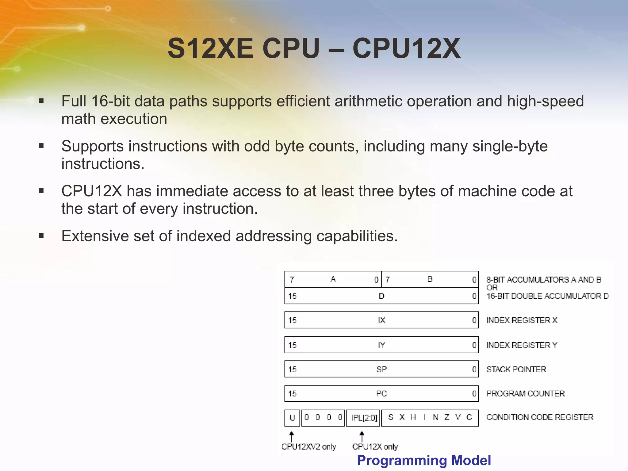 S12XE CPU – CPU12X Full 16-bit data paths supports efficient arithmetic operation and high-speed math execution Supports instructions with odd byte counts, including many single-byte instructions.  CPU12X has immediate access to at least three bytes of machine code at the start of every instruction. Extensive set of indexed addressing capabilities. Programming Model 