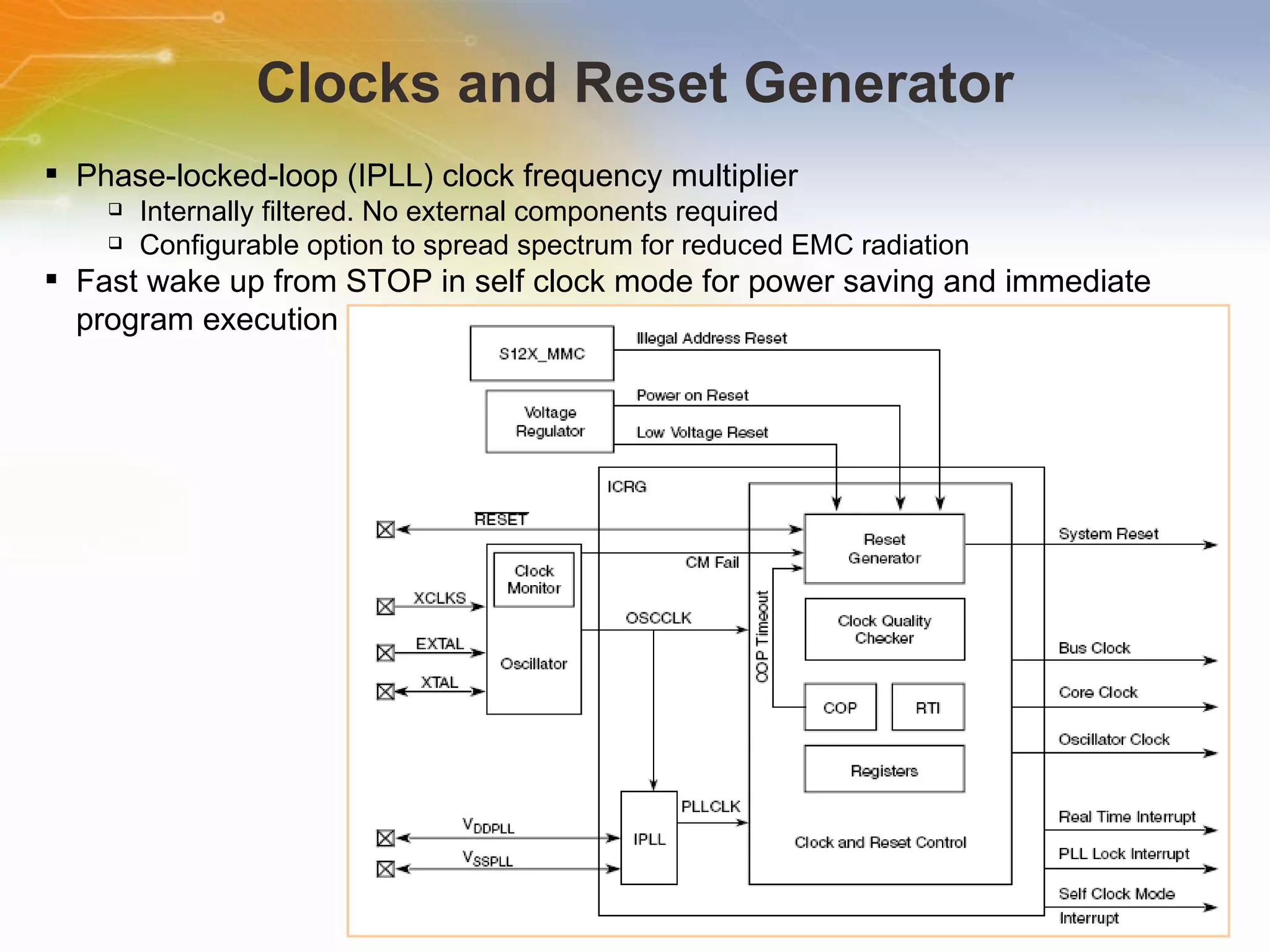 Clocks and Reset Generator Phase-locked-loop (IPLL) clock frequency multiplier Internally filtered. No external components required Configurable option to spread spectrum for reduced EMC radiation  Fast wake up from STOP in self clock mode for power saving and immediate program execution 