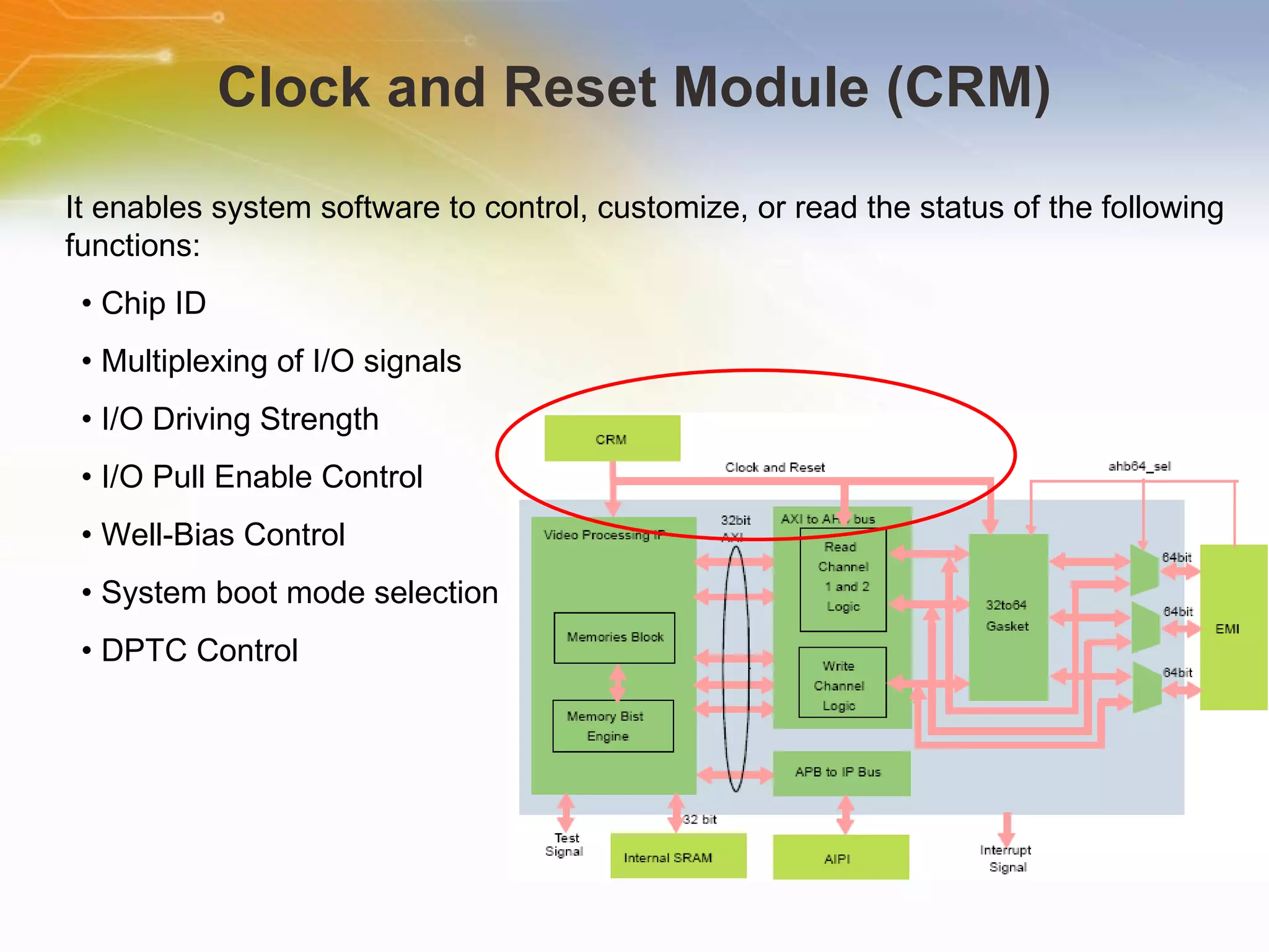 Clock and Reset Module (CRM) It enables system software to control, customize, or read the status of the following functions: •  Chip ID •  Multiplexing of I/O signals •  I/O Driving Strength •  I/O Pull Enable Control •  Well-Bias Control •  System boot mode selection •  DPTC Control 