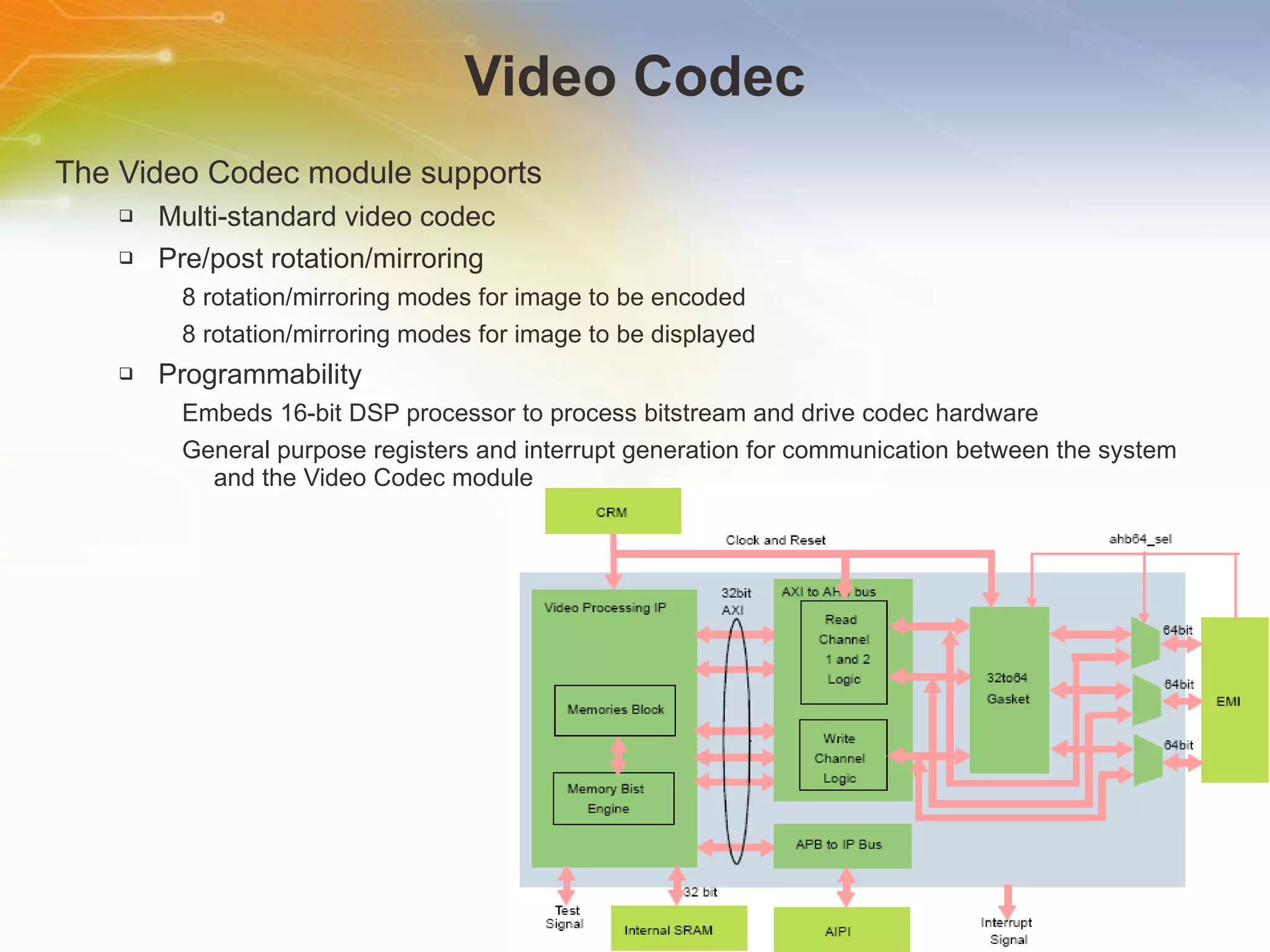 Video Codec The Video Codec module supports Multi-standard video codec Pre/post rotation/mirroring 8 rotation/mirroring modes for image to be encoded 8 rotation/mirroring modes for image to be displayed Programmability Embeds 16-bit DSP processor to process bitstream and drive codec hardware General purpose registers and interrupt generation for communication between the system and the Video Codec module 