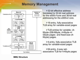 Memory Management 32-bit   effective   address   translated   to   32-bit   real   address   for   the   e500v1core   and   36-bit   real   addressing   for   the   e500v2   core. 16-entry,   fully-associative   TLB   array   for   variable-sized   pages TLB   entries   for   variable-   (4-Kbyte–256-Mbyte,   4-Kbyte–4-Gbyte   pages   and   fixed-size   (4-Kbyte)   pages. 4-entry,   fully-associative   TLB   array   for   variable-sized   pages 64-entry,   4-way   set-associative   TLB   for   4-Kbyte   pages MMU Structure 