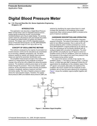© Freescale Semiconductor, Inc., 2005. All rights reserved.
AN1571
Rev 1, 05/2005
Freescale Semiconductor
Application Note
Digital Blood Pressure Meter
by: C.S. Chua and Siew Mun Hin, Sensor Application Engineering
Singapore, A/P
INTRODUCTION
This application note describes a Digital Blood Pressure
Meter concept which uses an integrated pressure sensor,
analog signal-conditioning circuitry, microcontroller
hardware/software and a liquid crystal display. The sensing
system reads the cuff pressure (CP) and extracts the pulses
for analysis and determination of systolic and diastolic
pressure. This design uses a 50 kPa integrated pressure
sensor (Freescale Semiconductor, Inc.P/N: MPXV5050GP)
yielding a pressure range of 0 mm Hg to 300 mm Hg.
CONCEPT OF OSCILLOMETRIC METHOD
This method is employed by the majority of automated non-
invasive devices. A limb and its vasculature are compressed
by an encircling, inflatable compression cuff. The blood
pressure reading for systolic and diastolic blood pressure
values are read at the parameter identification point.
The simplified measurement principle of the oscillometric
method is a measurement of the amplitude of pressure
change in the cuff as the cuff is inflated from above the systolic
pressure. The amplitude suddenly grows larger as the pulse
breaks through the occlusion. This is very close to systolic
pressure. As the cuff pressure is further reduced, the pulsation
increase in amplitude, reaches a maximum and then
diminishes rapidly. The index of diastolic pressure is taken
where this rapid transition begins. Therefore, the systolic
blood pressure (SBP) and diastolic blood pressure (DBP) are
obtained by identifying the region where there is a rapid
increase then decrease in the amplitude of the pulses
respectively. Mean arterial pressure (MAP) is located at the
point of maximum oscillation.
HARDWARE DESCRIPTION AND OPERATION
The cuff pressure is sensed by Freescale's integrated
pressure X-ducer‰. The output of the sensor is split into two
paths for two different purposes. One is used as the cuff
pressure while the other is further processed by a circuit.
Since MPXV5050GP is signal-conditioned by its internal op-
amp, the cuff pressure can be directly interfaced with an
analog-to-digital (A/D) converter for digitization. The other
path will filter and amplify the raw CP signal to extract an
amplified version of the CP oscillations, which are caused by
the expansion of the subject's arm each time pressure in the
arm increases during cardiac systole.
The output of the sensor consists of two signals; the
oscillation signal ( ≈ 1 Hz) riding on the CP signal ( ≤ 0.04 Hz).
Hence, a 2-pole high pass filter is designed to block the CP
signal before the amplification of the oscillation signal. If the
CP signal is not properly attenuated, the baseline of the
oscillation will not be constant and the amplitude of each
oscillation will not have the same reference for comparison.
Figure 1 shows the oscillation signal amplifier together with
the filter.
Figure 1. Oscillation Signal Amplifier
C2
+5.0V
R2
-
+
+DC Offset
U1a
3
2
1
150k
LM324N
0.33 µ
Vi
R3
1M
114
Vo
R1
1k
C1
33u
 