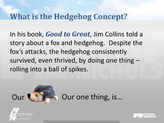 What is the Hedgehog Concept? 
In his book, Good to Great, Jim Collins told a 
story about a fox and hedgehog. Despite the 
fox’s attacks, the hedgehog consistently 
survived, even thrived, by doing one thing – 
rolling into a ball of spikes. 
Our Our one thing, is… 
 
