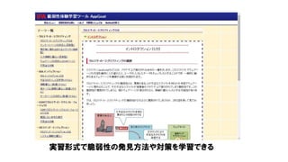 実習形式で脆弱性の発見方法や対策を学習できる
 