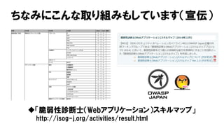 ちなみにこんな取り組みもしています（宣伝）
「脆弱性診断士（Webアプリケーション）スキルマップ」
http://isog-j.org/activities/result.html
 