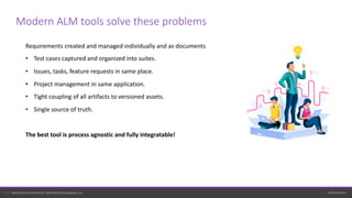 perforce.com7 | Helix ALM by Perforce © 2019 Perforce Software, Inc.
Modern ALM tools solve these problems
Requirements created and managed individually and as documents
• Test cases captured and organized into suites.
• Issues, tasks, feature requests in same place.
• Project management in same application.
• Tight coupling of all artifacts to versioned assets.
• Single source of truth.
The best tool is process agnostic and fully integratable!
 