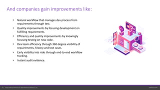 perforce.com9 | Helix ALM by Perforce © 2019 Perforce Software, Inc.
And companies gain improvements like:
• Natural workflow that manages dev process from
requirements through test.
• Quality improvements by focusing development on
fulfilling requirements.
• Efficiency and quality improvements by knowingly
focusing testing on new code.
• Dev team efficiency through 360-degree visibility of
requirements, history and test cases.
• Early visibility into risks through end-to-end workflow
tracking.
• Instant audit evidence.
 