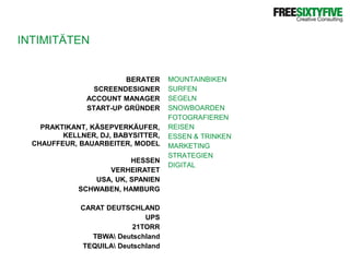 INTIMITÄTENBERATERSCREENDESIGNERACCOUNT MANAGERSTART-UP GRÜNDERPRAKTIKANT, KÄSEPVERKÄUFER, KELLNER, DJ, BABYSITTER, CHAUFFEUR, BAUARBEITER, MODELMOUNTAINBIKENSURFENSEGELNSNOWBOARDENFOTOGRAFIERENREISENESSEN & TRINKENMARKETINGSTRATEGIENDIGITALHESSENVERHEIRATETUSA, UK, SPANIEN SCHWABEN, HAMBURGCARAT DEUTSCHLANDUPS21TORRTBWA\ DeutschlandTEQUILA\ Deutschland