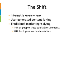The Shift Internet is everywhere User generated content is king Traditional marketing is dying 14% of people trust paid advertisements 78% trust peer recommendations 