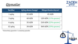 Qiymətlər
Tariflər Aylıq abunə haqqı* Müqavilənin dəyəri
1 aylıq 45 AZN 45 AZN
3 aylıq 40 AZN 120 AZN (11% qazanc)
6 aylıq 35 AZN 210 AZN (22% qazanc)
12 aylıq 30 AZN 360 AZN (33% qazanc)
*Göstərilmiş qiymətlər 1 avadanlıq üçündür.
 