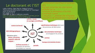 Le doctorant et l’IST
2
« L'information scientifique et technique
(IST)
regroupe l'ensemble des informations
produites par la
recherche et nécessaires à l'activité
scientifique comme
à l'industrie ». (Ministère de l’Éducation
nationale et de l'Enseignement supérieur)
Céline Andrieu, Alain Marois, Philippe Eyraud –
Panorama de l'Information Scientifique et Technique
pour le doctorant
2011, pages 8 et 9
Disponible en ligne à l’adresse suivante :
http://fr.slideshare.net/Bibliotheque_CentraleLyon/pa
norama-de-list-pour-le-doctorant-lintgrale
 