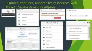 Signaler, capturer, annoter les ressources Web
Carnets de notes numériques – Evernote
1. Sélectionner les notes concernées
2. Choisir le bouton « Fusionner »
3. Les trois notes ne font
plus qu’une mises bout à
bout et portent le nom
de la première
4. Pour l’opération inverse,
procéder comme suit :
menu Edition > annuler
Corbeille > restauration
23
 