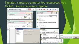 Signaler, capturer, annoter les ressources Web
Carnets de notes numériques – Evernote
 La recherche par pile et carnet
 La recherche par tag
 La recherche par mot clé
 prise en compte des notes textuelles
et des images, ainsi que des pdf
pour la version Premium
 Possibilité d’enregistrer des recherches
24
 