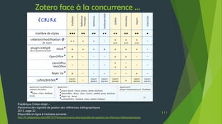Zotero face à la concurrence …
111
Frédérique Cohen-Adad –
Panorama des logiciels de gestion des références bibliographiqu...