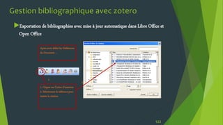 Gestion bibliographique avec zotero
Exportation de bibliographies avec mise à jour automatique dans Libre Office et
Open ...