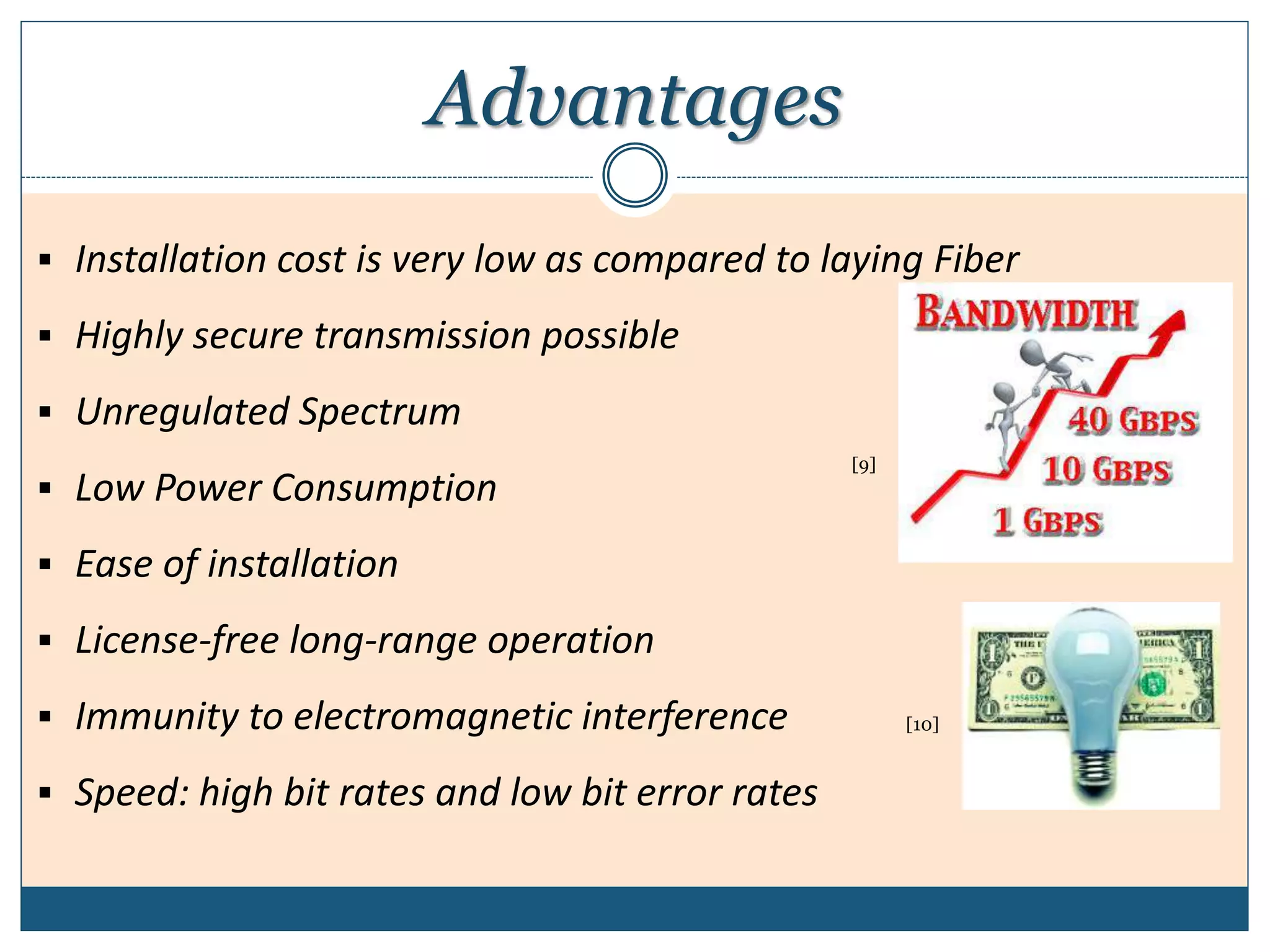 Advantages
[9]
 Installation cost is very low as compared to laying Fiber
 Highly secure transmission possible
 Unregulated Spectrum
 Low Power Consumption
 Ease of installation
 License-free long-range operation
 Immunity to electromagnetic interference
 Speed: high bit rates and low bit error rates
[10]
 