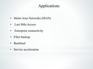 Applications
• Metro Area Networks (MAN)
• Last Mile Access
• Enterprise connectivity
• Fiber backup
• Backhaul
• Service acceleration
 