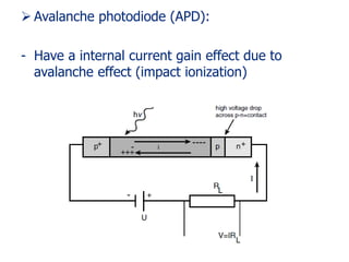  Avalanche photodiode (APD):
- Have a internal current gain effect due to
avalanche effect (impact ionization)
 