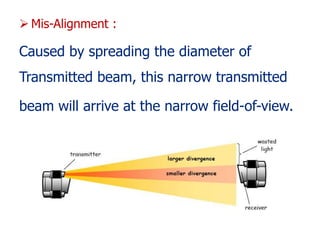  Mis-Alignment :
Caused by spreading the diameter of
Transmitted beam, this narrow transmitted
beam will arrive at the narrow field-of-view.
 