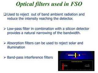 Optical filters used in FSO
Used to reject out of band ambient radiation and
reduce the intensity reaching the detector.
 Low-pass filter in combination with a silicon detector
provides a natural narrowing of the bandwidth.
 Absorption filters can be used to reject solar and
illumination
 Band-pass interference filters
 