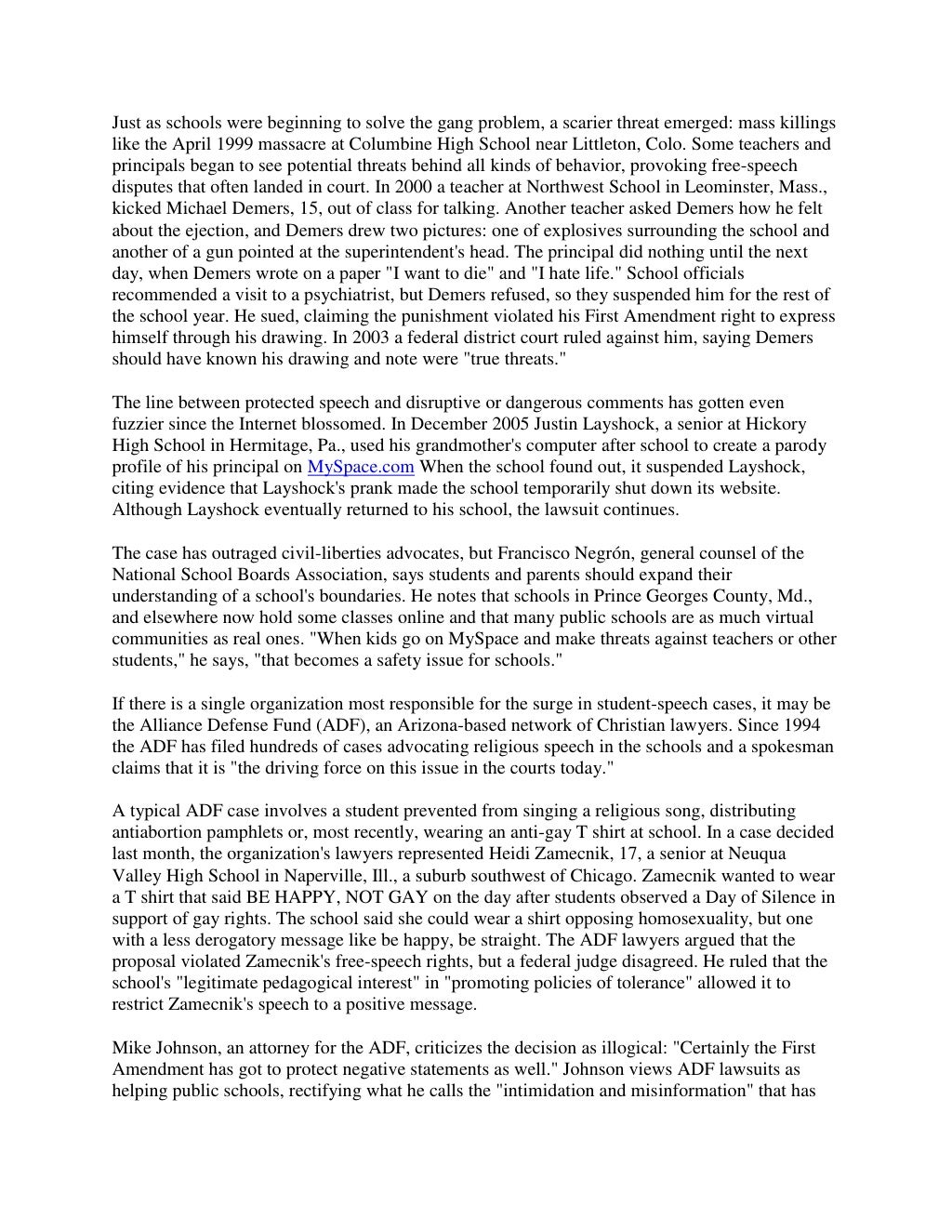 Free speech in schools Article from Time Magazine