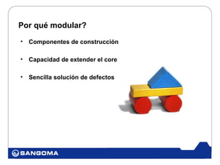 Por qué modular?
•   Componentes de construcción

•   Capacidad de extender el core

•   Sencilla solución de defectos
 